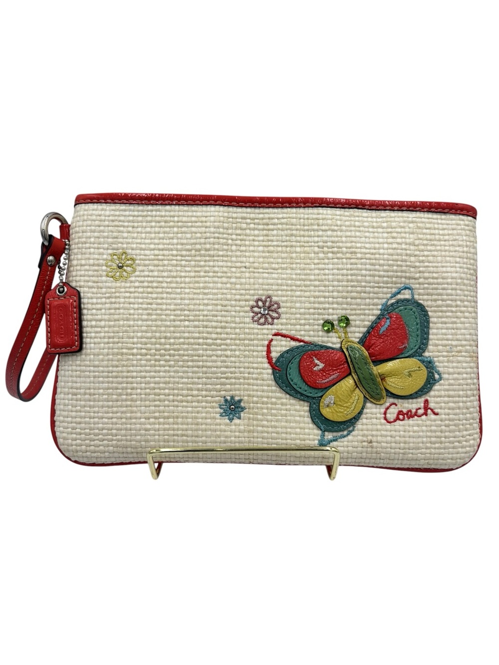 Coach Butterfly Straw Wristlet Pouch Appliqué Floral Embroidered Zip Clutch